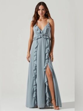 ASTR Adoria Dress Small Dusty Blue Ruffle Maxi Slit Bridesmaid Wedding Guest